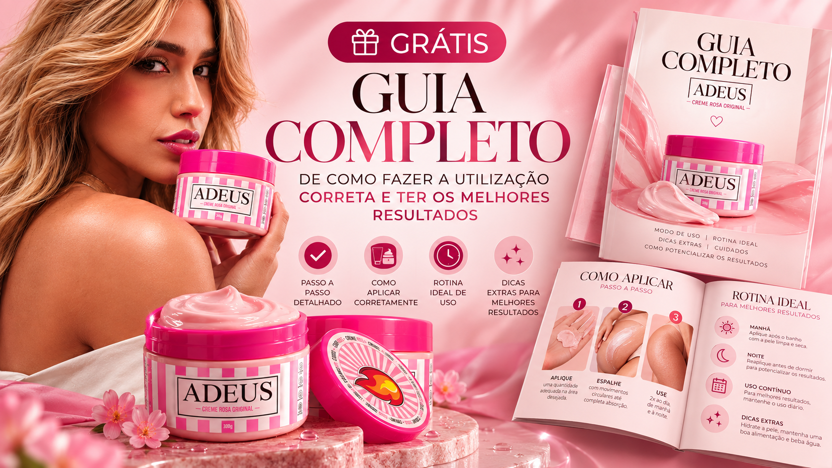 Arte do Guia Completo ADEUS grátis, com orientações de aplicação, rotina de uso e dicas para aproveitar melhor o Creme Rosa